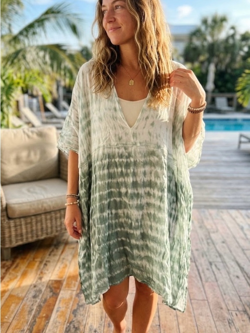 Elsie & Zoey Sage Green Tie Dye Kaftan Boho Beach Cover Up OS Lagenlook Resort